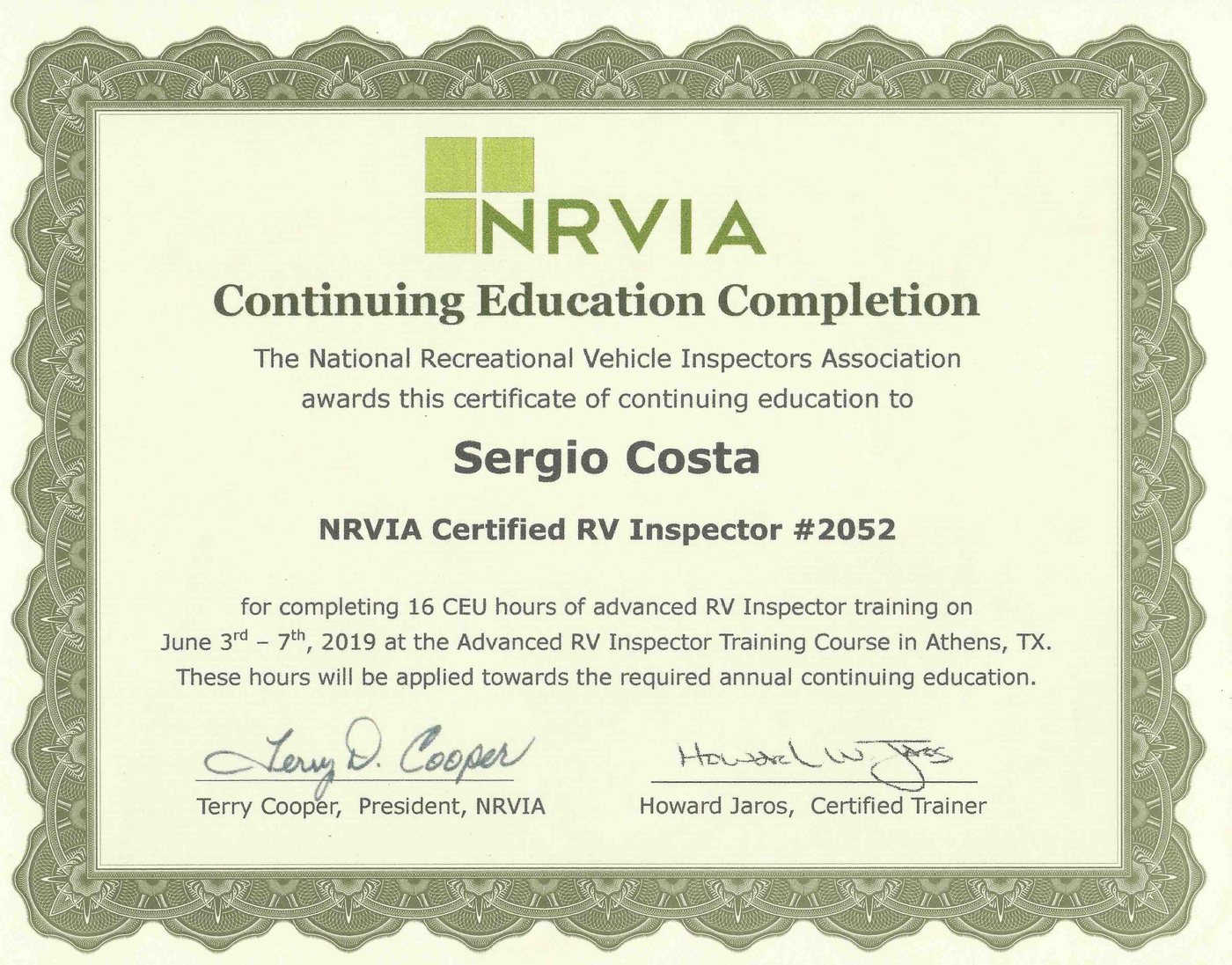 NRVIA Certified RV Inspector #2052 continuing-education certificate for Sergio Costa