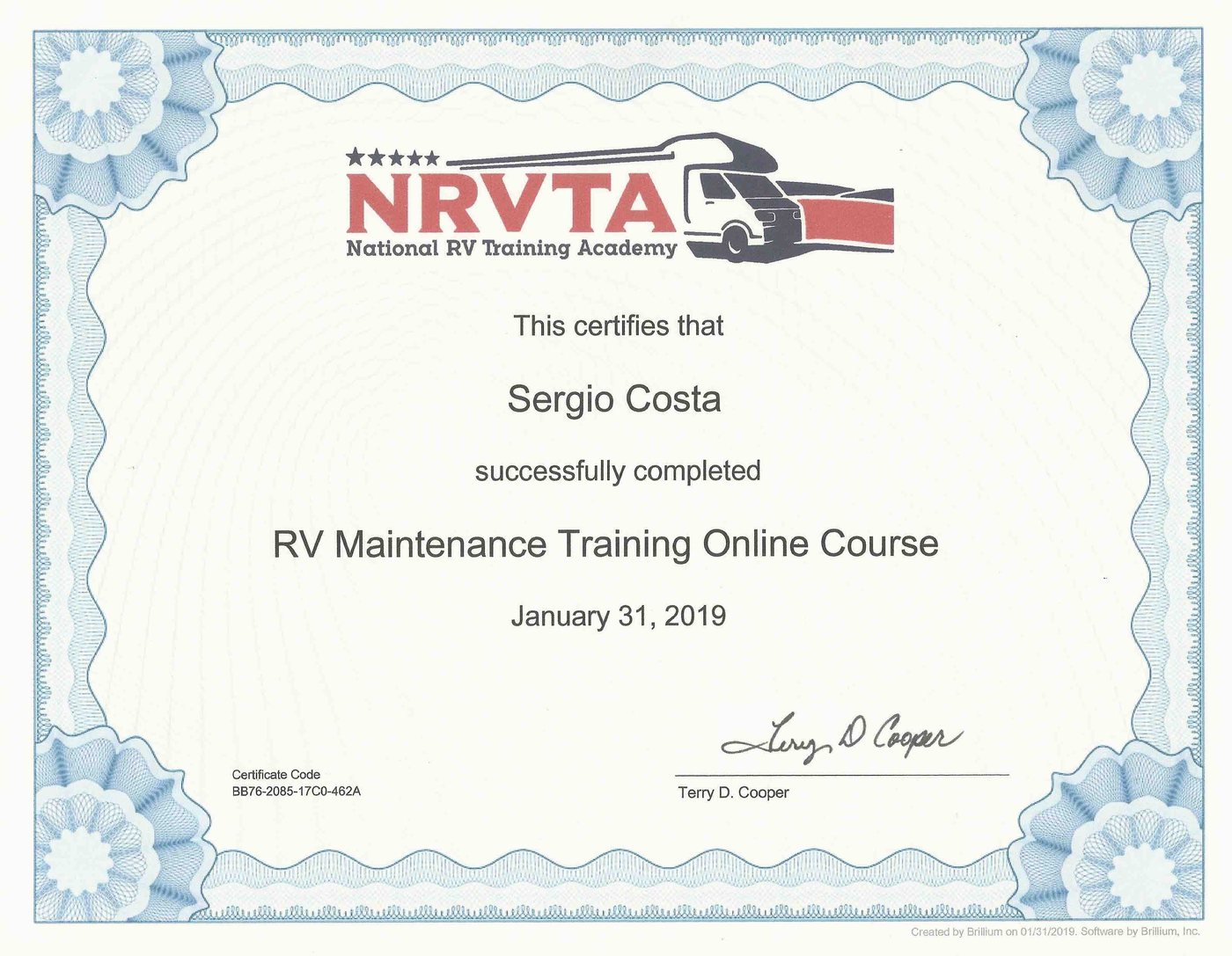 NRVTA RV Maintenance Training Course certificate for Sergio Costa