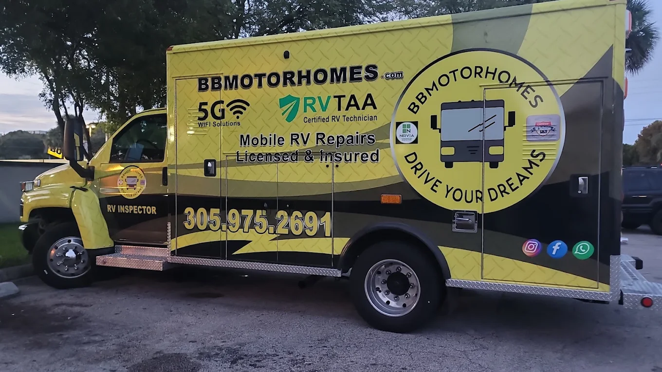 BB Motorhomes yellow and black converted-ambulance mobile RV service vehicle